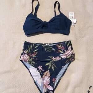 Cupshe Women’s Bikini Set Medium Blue Floral High Waist Two Piece Swimsuit Suit